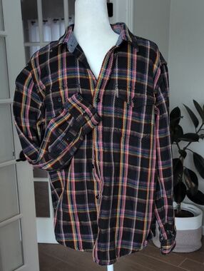 Outerknown Men's Black Multi-Color Plaid Flannel Blanket Shirt Medium